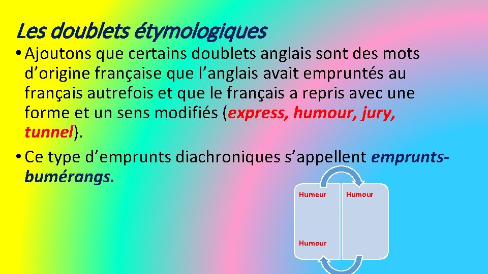 Les doublets étymologiques • Ajoutons que certains doublets anglais sont des mots d’origine française Les doublets étymologiques • Ajoutons que certains doublets anglais sont des mots d’origine française
