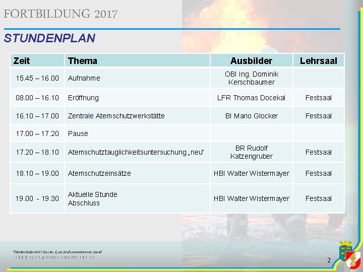 FORTBILDUNG 2017 STUNDENPLAN Zeit Thema Ausbilder Lehrsaal 15. 45 – 16. 00 Aufnahme OBI FORTBILDUNG 2017 STUNDENPLAN Zeit Thema Ausbilder Lehrsaal 15. 45 – 16. 00 Aufnahme OBI