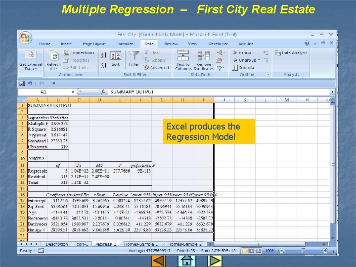 Multiple Regression – First City Real Estate Excel produces the Regression Model Multiple Regression – First City Real Estate Excel produces the Regression Model