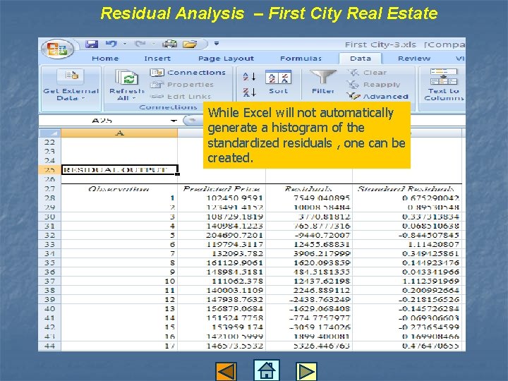 Residual Analysis – First City Real Estate While Excel will not automatically generate a Residual Analysis – First City Real Estate While Excel will not automatically generate a
