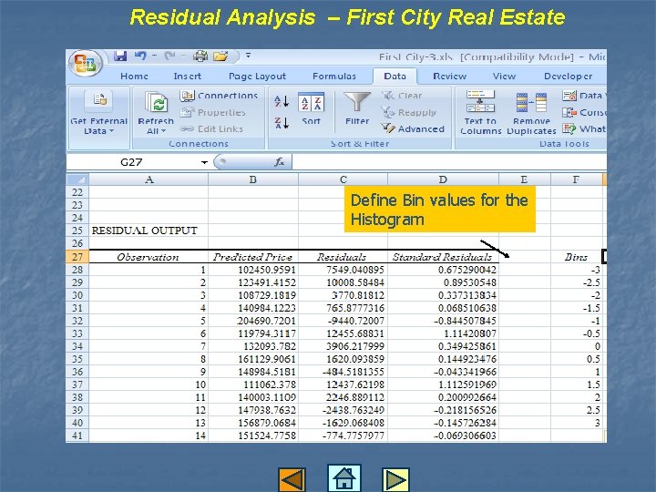 Residual Analysis – First City Real Estate Define Bin values for the Histogram Residual Analysis – First City Real Estate Define Bin values for the Histogram