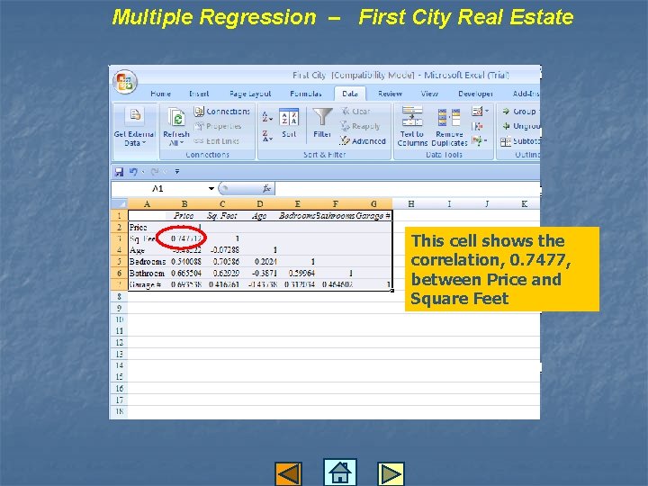 Multiple Regression – First City Real Estate This cell shows the correlation, 0. 7477, Multiple Regression – First City Real Estate This cell shows the correlation, 0. 7477,