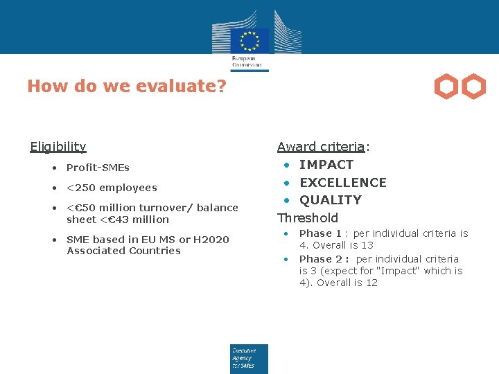 How do we evaluate? Eligibility • Profit-SMEs • <250 employees • <€ 50 million