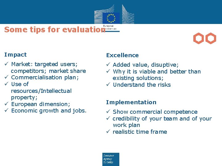Some tips for evaluation Impact Excellence ü Market: targeted users; competitors; market share ü