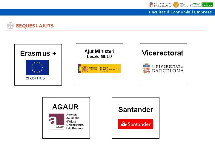 BEQUES I AJUTS Erasmus + AGAUR Ajut Ministeri Becats MECD Vicerectorat Santander BEQUES I AJUTS Erasmus + AGAUR Ajut Ministeri Becats MECD Vicerectorat Santander