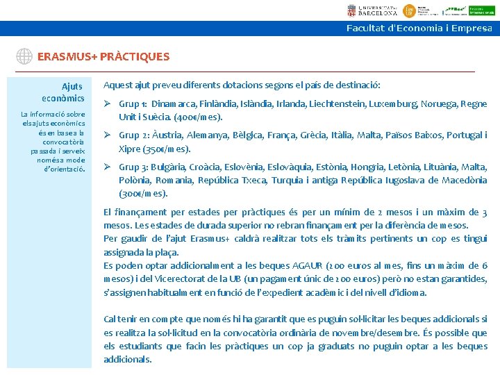 ERASMUS+ PRÀCTIQUES Ajuts econòmics La informació sobre els ajuts econòmics és en base a ERASMUS+ PRÀCTIQUES Ajuts econòmics La informació sobre els ajuts econòmics és en base a