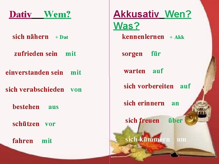 Dativ Wem? sich nähern + Dat zufrieden sein mit Akkusativ Wen? Was? kennenlernen sorgen