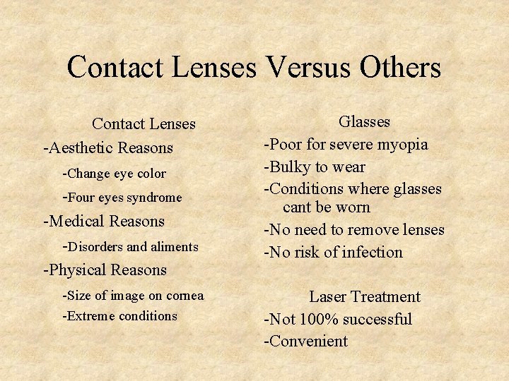 Contact Lenses Versus Others Contact Lenses -Aesthetic Reasons -Change eye color -Four eyes syndrome Contact Lenses Versus Others Contact Lenses -Aesthetic Reasons -Change eye color -Four eyes syndrome