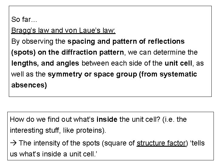 So far… Bragg’s law and von Laue’s law: By observing the spacing and pattern