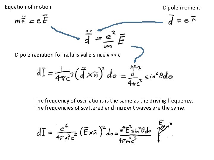 Equation of motion Dipole moment Dipole radiation formula is valid since v << c Equation of motion Dipole moment Dipole radiation formula is valid since v << c