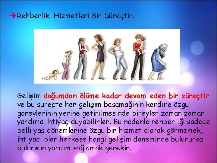 Rehberlik Hizmetleri Bir Süreçtir. Gelişim doğumdan ölüme kadar devam eden bir süreçtir ve Rehberlik Hizmetleri Bir Süreçtir. Gelişim doğumdan ölüme kadar devam eden bir süreçtir ve