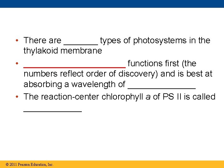 • There are _______ types of photosystems in the thylakoid membrane • ___________ • There are _______ types of photosystems in the thylakoid membrane • ___________