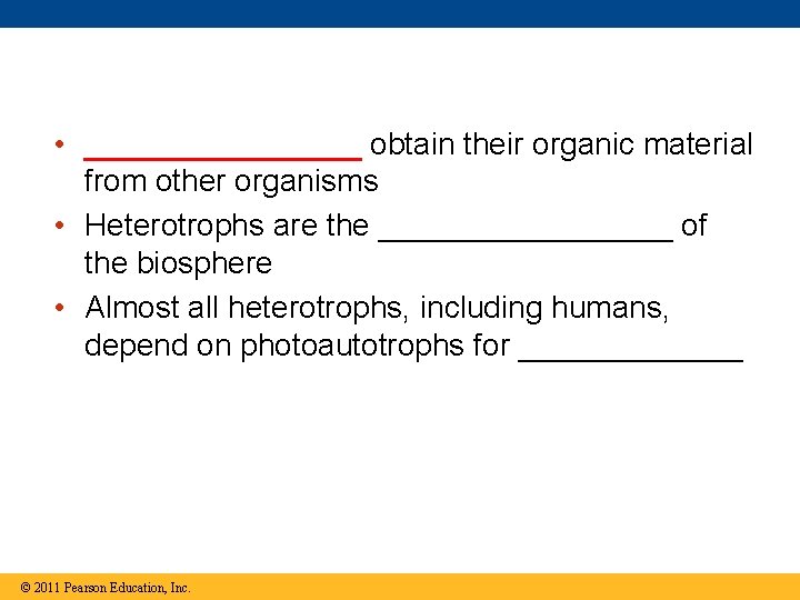 • ________ obtain their organic material from other organisms • Heterotrophs are the • ________ obtain their organic material from other organisms • Heterotrophs are the