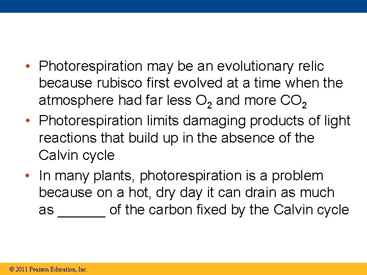 • Photorespiration may be an evolutionary relic because rubisco first evolved at a • Photorespiration may be an evolutionary relic because rubisco first evolved at a