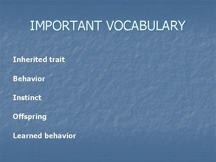 IMPORTANT VOCABULARY Inherited trait Behavior Instinct Offspring Learned behavior 