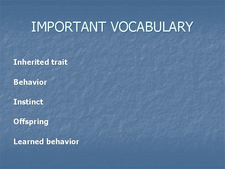 IMPORTANT VOCABULARY Inherited trait Behavior Instinct Offspring Learned behavior IMPORTANT VOCABULARY Inherited trait Behavior Instinct Offspring Learned behavior