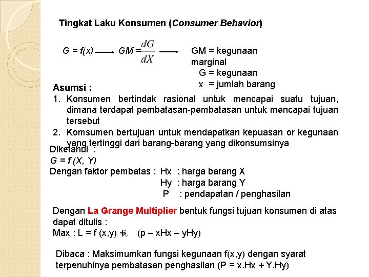 Tingkat Laku Konsumen (Consumer Behavior) G = f(x) GM = kegunaan marginal G =