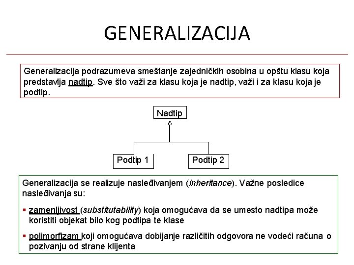 GENERALIZACIJA Generalizacija podrazumeva smeštanje zajedničkih osobina u opštu klasu koja predstavlja nadtip. Sve što GENERALIZACIJA Generalizacija podrazumeva smeštanje zajedničkih osobina u opštu klasu koja predstavlja nadtip. Sve što