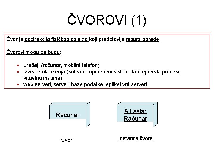 ČVOROVI (1) Čvor je apstrakcija fizičkog objekta koji predstavlja resurs obrade. Čvorovi mogu da ČVOROVI (1) Čvor je apstrakcija fizičkog objekta koji predstavlja resurs obrade. Čvorovi mogu da