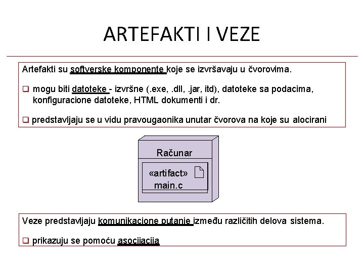 ARTEFAKTI I VEZE Artefakti su softverske komponente koje se izvršavaju u čvorovima. mogu biti ARTEFAKTI I VEZE Artefakti su softverske komponente koje se izvršavaju u čvorovima. mogu biti