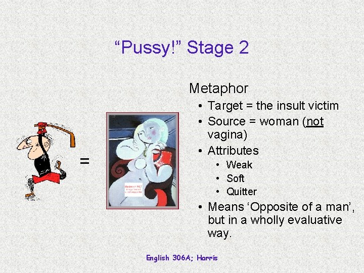 “Pussy!” Stage 2 Metaphor = • Target = the insult victim • Source =