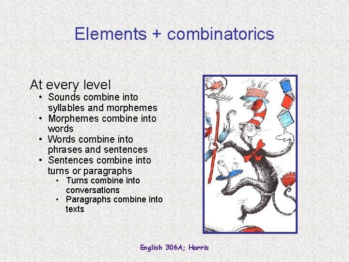 Elements + combinatorics At every level • Sounds combine into syllables and morphemes •