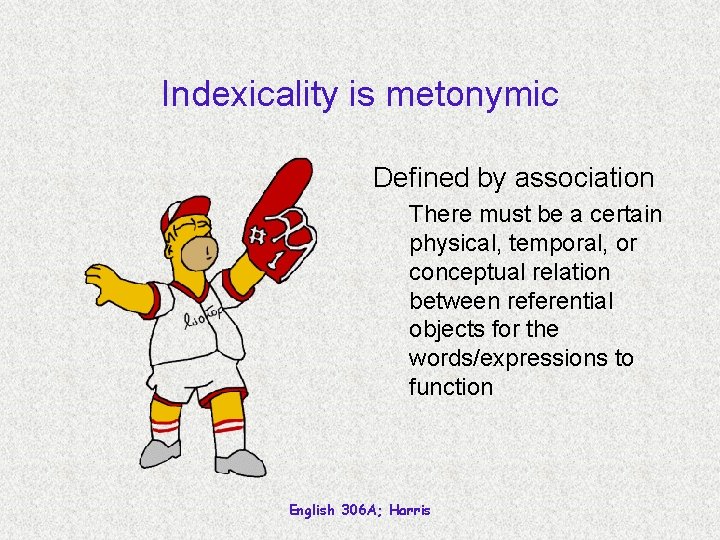 Indexicality is metonymic Defined by association There must be a certain physical, temporal, or