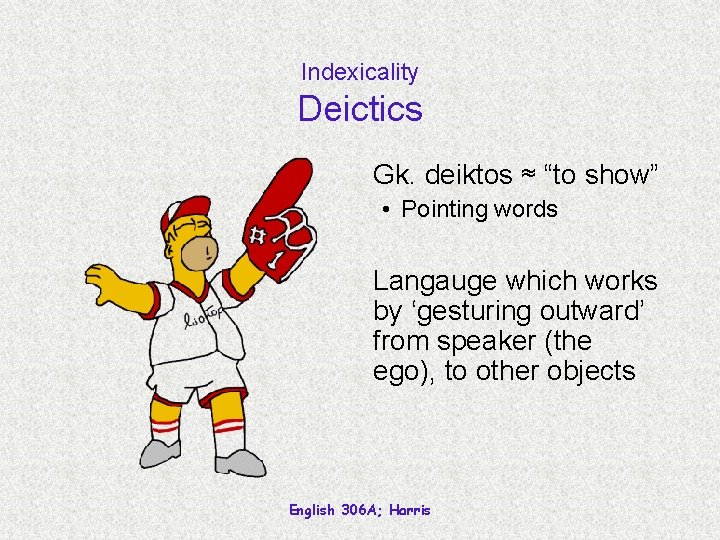 Indexicality Deictics Gk. deiktos ≈ “to show” • Pointing words Langauge which works by