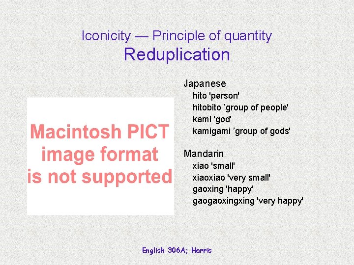 Iconicity — Principle of quantity Reduplication Japanese hito 'person' hitobito ’group of people' kami