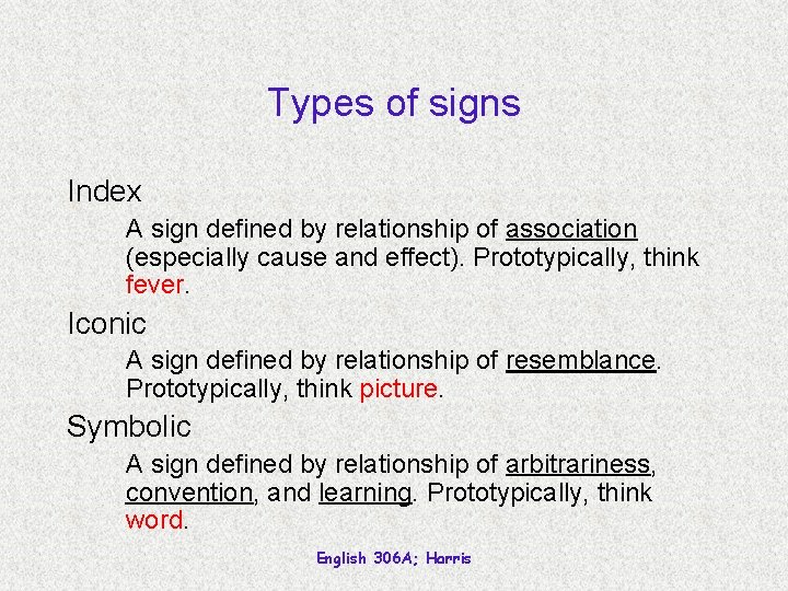 Types of signs Index A sign defined by relationship of association (especially cause and