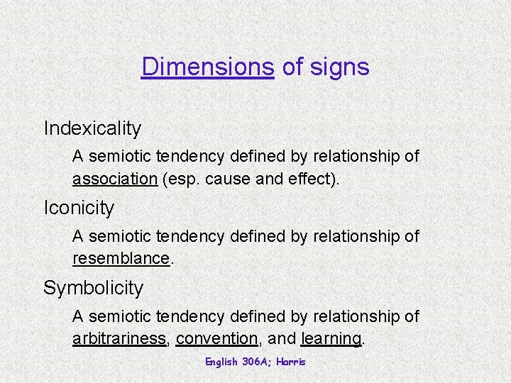 Dimensions of signs Indexicality A semiotic tendency defined by relationship of association (esp. cause