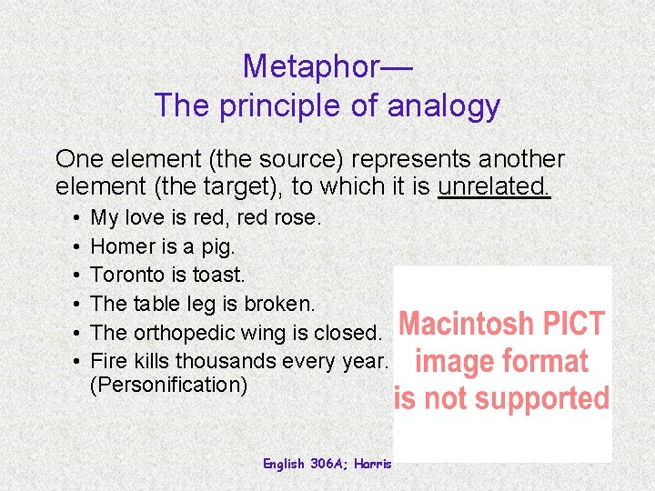 Metaphor— The principle of analogy One element (the source) represents another element (the target),