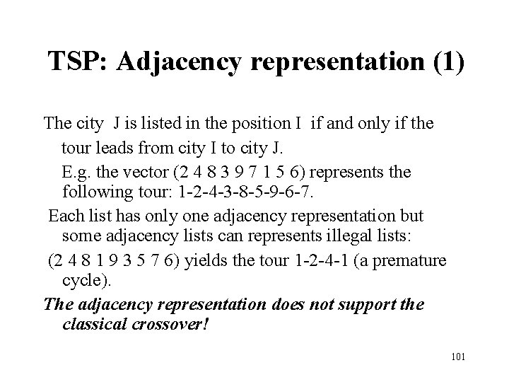 TSP: Adjacency representation (1) The city J is listed in the position I if TSP: Adjacency representation (1) The city J is listed in the position I if