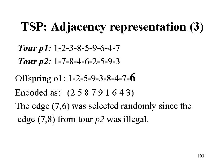 TSP: Adjacency representation (3) Tour p 1: 1 -2 -3 -8 -5 -9 -6 TSP: Adjacency representation (3) Tour p 1: 1 -2 -3 -8 -5 -9 -6