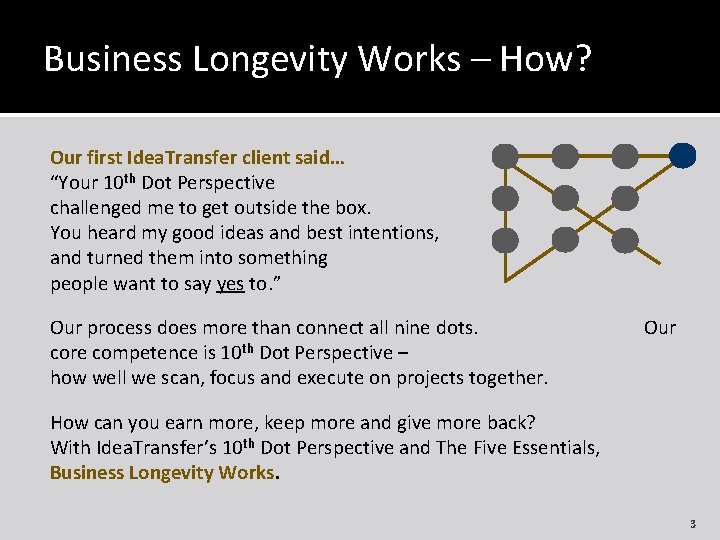 Business Longevity Works – How? Our first Idea. Transfer client said… “Your 10 th