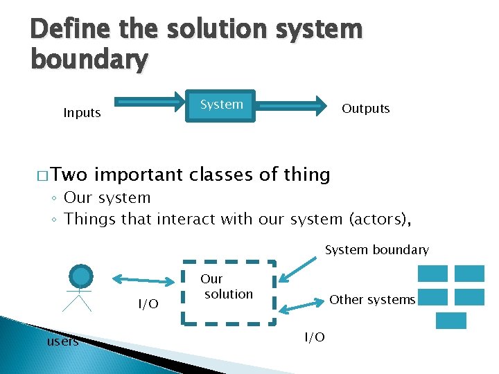 Define the solution system boundary System Inputs � Two Outputs important classes of thing