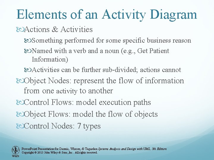 Elements of an Activity Diagram Actions & Activities Something performed for some specific business