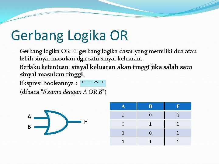 Gerbang Logika OR Gerbang logika OR gerbang logika dasar yang memiliki dua atau lebih