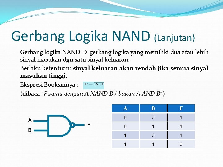 Gerbang Logika NAND (Lanjutan) Gerbang logika NAND gerbang logika yang memiliki dua atau lebih