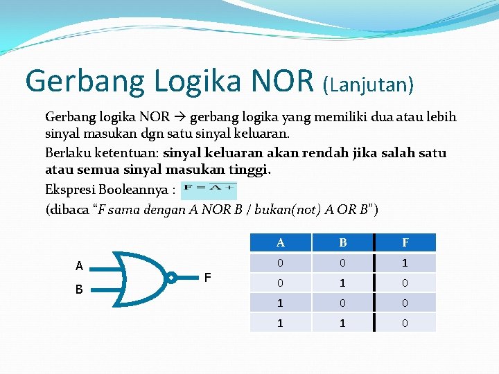 Gerbang Logika NOR (Lanjutan) Gerbang logika NOR gerbang logika yang memiliki dua atau lebih