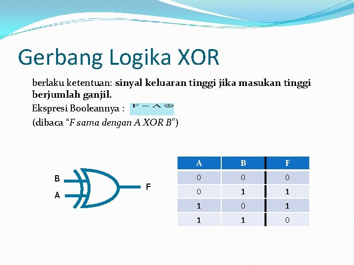 Gerbang Logika XOR berlaku ketentuan: sinyal keluaran tinggi jika masukan tinggi berjumlah ganjil. Ekspresi