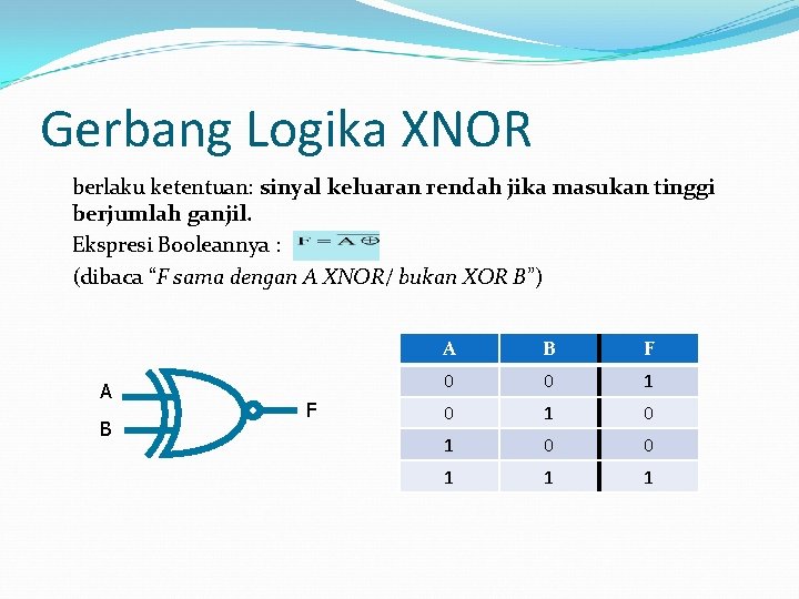 Gerbang Logika XNOR berlaku ketentuan: sinyal keluaran rendah jika masukan tinggi berjumlah ganjil. Ekspresi