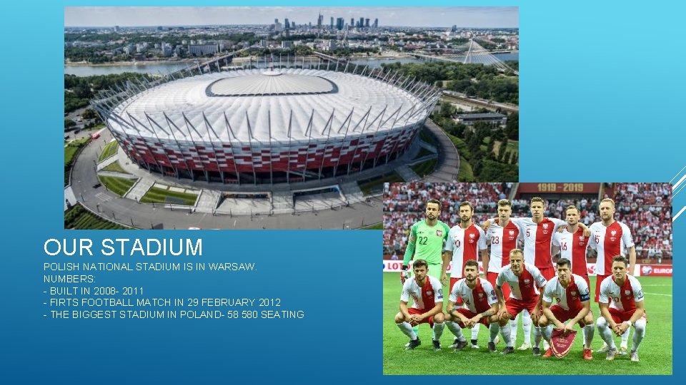 OUR STADIUM POLISH NATIONAL STADIUM IS IN WARSAW. NUMBERS: - BUILT IN 2008 -