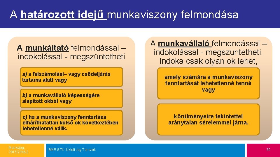 A határozott idejű munkaviszony felmondása A munkáltató felmondással – indokolással - megszüntetheti a) a