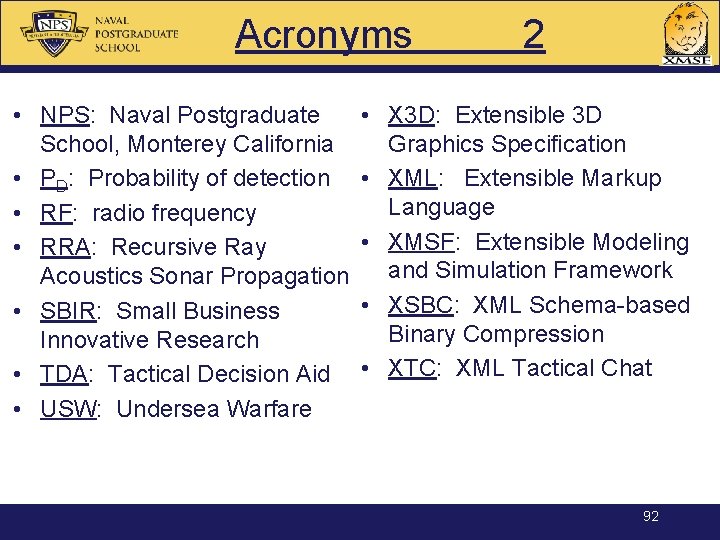 Acronyms • NPS: Naval Postgraduate School, Monterey California • PD: Probability of detection •