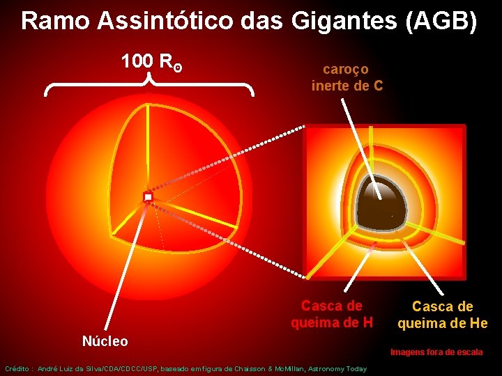 Ramo Assintótico das Gigantes (AGB) 100 Rʘ caroço inerte de C Casca de queima