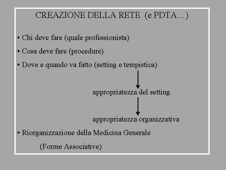 CREAZIONE DELLA RETE (e PDTA…) • Chi deve fare (quale professionista) • Cosa deve