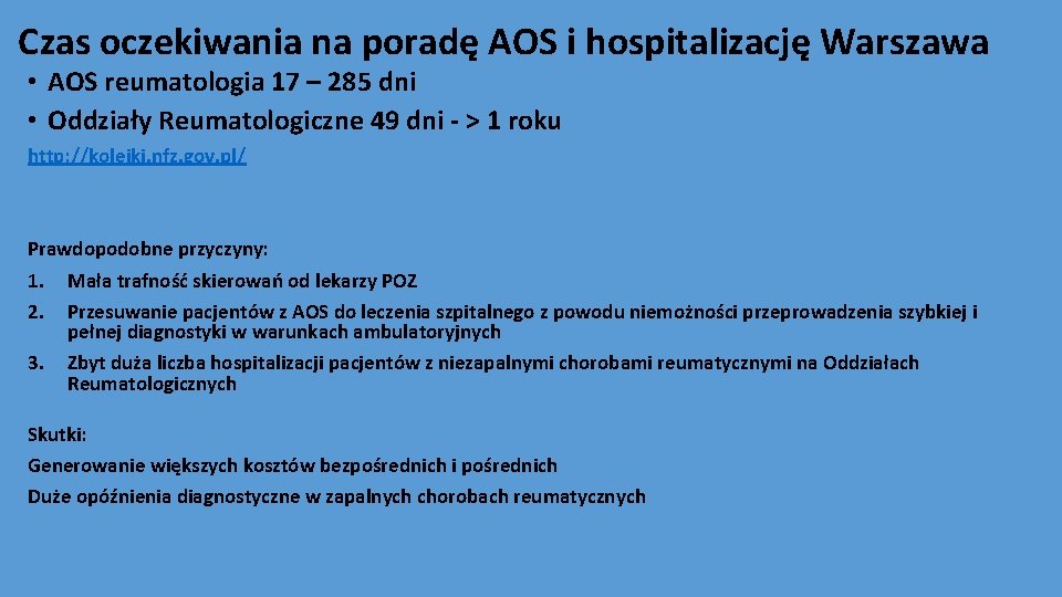 Czas oczekiwania na poradę AOS i hospitalizację Warszawa • AOS reumatologia 17 – 285