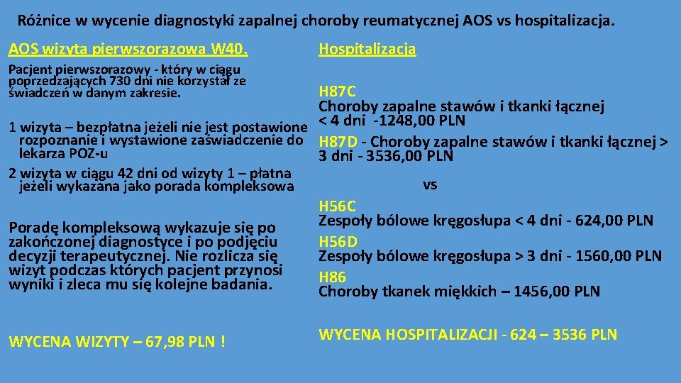 Różnice w wycenie diagnostyki zapalnej choroby reumatycznej AOS vs hospitalizacja. AOS wizyta pierwszorazowa W