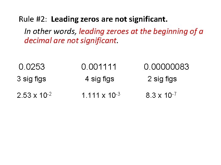 Rule #2: Leading zeros are not significant. In other words, leading zeroes at the
